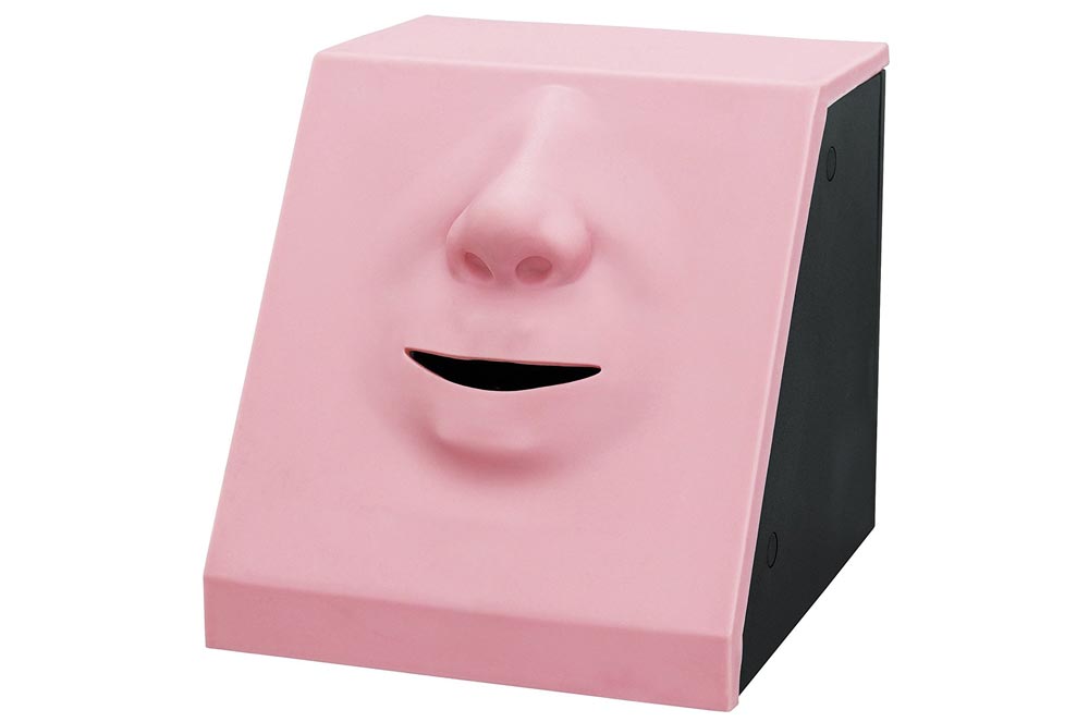 A piggy bank with a face